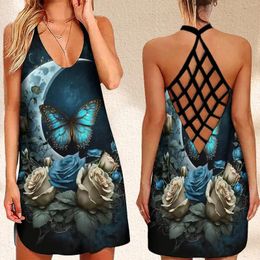 Casual Dresses Summer Women's Criss Cross Backless Sleeveless Dress Holiday Beach Moon Butterfly Print Elegant