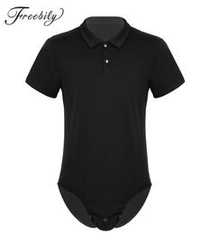 Sexy Mens Bodysuit Short Sleeve Turndown Collar Snappies Crotch Shirt Bodysuit Romper Underwear Y2004098874874