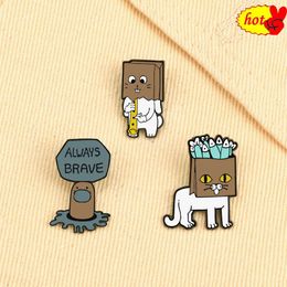 Creative Fish Box Cat Brooches Metal Always Brave Enamel Pins the Kitten Play the Flute Badge Jewellery Gift for Friend Wholesale