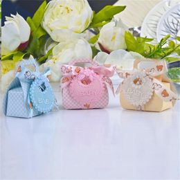 24PCS Bear Shape DIY Candy Boxes Party Gift Christening Baby Shower Party Favor Boxes Candy Box with Bib Tags & Ribb232Q