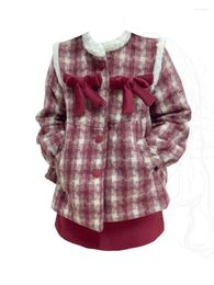 Work Dresses Formal Occasion Outfits 2 Piece Set Turtleneck Red Plaid Bow Outerwear Chic High Waist A-Line Skirts Christmas Sweet Fashion
