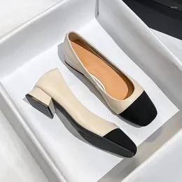 Dress Shoes Spring Autumn Genuine Leather Pumps Women Black White Mixed Colour Thick Heel Work Cowhide Escarpin Femmes Big Size 41-43