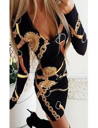 Summer Women Casual Dresses elegant ladies dress fashion dress chain print longsleeved sexy tight women short Dresses8349748