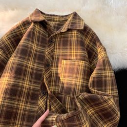 Privathinker Check Shirts Men Coffee Plaid Long Sleeve Oversized Male Plus Size Lapel Blouse Casual Korean Style Coat 231221