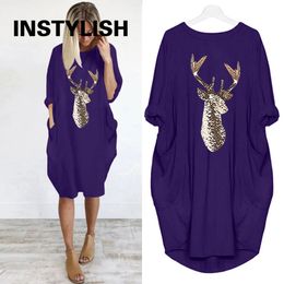 Instylish Casual Women O Neck Pockets T Shirt Dress Long Sleeve Christmas Antler Loose Tops Oversize Streetwear Robe 231220