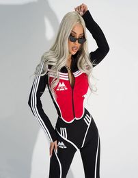 Women s Two Piece Pants Oshoplive Female Fashion Sportswear Black and Red High Waist Slim Zipper Striped Colour Block Sports Gym Yo4055396