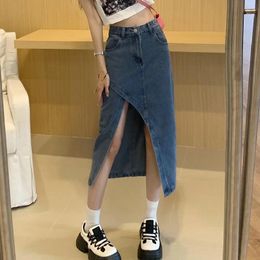 Dresses 2022 New Summer Casual Women Jean Skirt Harajuku Sexy Irregular Package Hip Bevelled Slit Denim Skirt Ladies Elegant Pencil Skirt