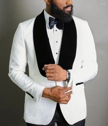 Men's Suits Ivory Jacquard Men 2Pcs Blazer Trousers Black Shawl Lapel Costume Homme Groom Tuxedos Wedding Clothing Pattern Jacket Pant