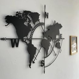 Stickers World Map Wall Art Metal Compass Design Hanging Wall Decoration For Home Office Classroom And Living Room Home Accessories