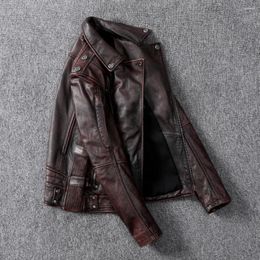 Men's Jackets Layer Cowhide Leather Coat Stoashed Vintage Distressed Motorcycle Clothing Lapel Short
