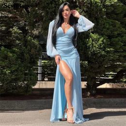 Party Dresses Sevintage Sky Blue Chiffon Prom Dress Mermaid V-Neck Long Puff Sleeve Ruched Gowns Side Slit Floor Length Vestidos De Gala