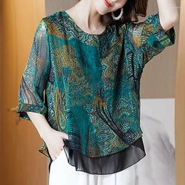 Women's Blouses Blouse Short-sleeved Chiffon Shirt 2023 Summer Large Size Cover Belly Print Round Neck Small