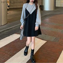 Two Piece Dress Fashion Contrast Patchwork Mini Dress Spring Autumn Long Sle Loose O-Neck Fake Two Piece Dress Casual Vintage Women Clothing L231221