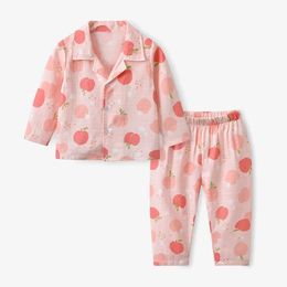 28Y Childrens Autumn Cotton Pajama Set Gauze Printing Cute Loungewear Brother sister Long Sleeve Sleepwear Athome Wear 231220