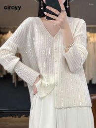 Women's Knits Circyy Sequins Knitted Cardigans Women 2023 Autumn Long Sleeve Pearl Button Up Sweaters Fashion Elegant V Neck Jumpers Coat