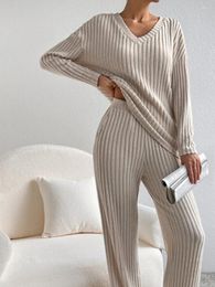 Women's Sleepwear Women Ribbed Lounge Set 2 Pieces Co Ord Sets Loose Tracksuit Cosy Pyjamas Solid Colour Tops Wide Leg Pants Casual Outfits