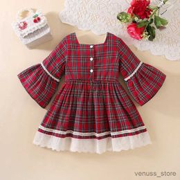 Girl's Dresses Christmas Dresses Baby Kids Girl Clothes Red Long Sleeve Lace Ruffle Trim Bow Plaid Dress Cotton New Year Outfit Clothes 3M-3Y