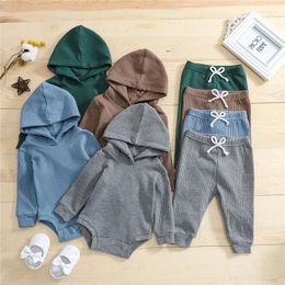 Clothing Sets 4 Colours Toddler Infant Baby Clothes Solid Knitted Boy Long Sleeve Hooded Bodysuits Tops Elastic Waist Pants Casual Outfits