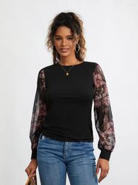 Women's T Shirts Women Crew Neck T-Shirts Floral Print Mesh Splicing Long Sleeve Spring Fall Loose Fit Tops Streetwear