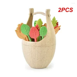 Forks Mini Wooden Barrel Fruit Fork Set Snack Small Leaves Dessert Two Toothed Include