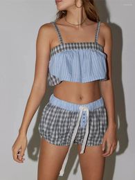 Women's Sleepwear Women 2 Pieces Pyjamas Set Loungewear Suits Plaid Camisoles Cropped Tank Tops And Drawstring Shorts Outfits