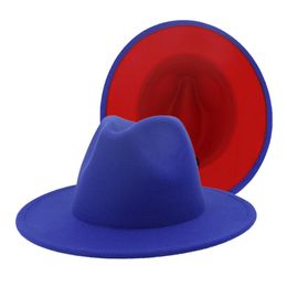 2020 New Royal Blue Red Patchwork Faux Wool Felt Fedora Hats with Thin Belt Buckle Men Women Large Brim Panama Trilby Jazz Cap207R