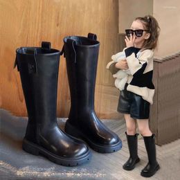 Boots Girl's Long Black Pu Leather Platform Plush Trendy Children Autumn Winter Fashion Boot Princess Zipper Knee-high