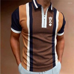Men's Polos 2023 Summer Casual Striped Plaid Printed Zipper POLO Shirt