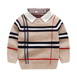 Свитер для маленьких мальчиков от 1 до 8 лет, весенне-зимняя одежда, теплый пуловер, топ с длинными рукавами, клетчатый свитер для девочек, модный джентльменский трикотаж 231220