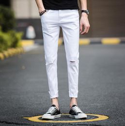 Men Skinny Jeans Knee Hole White Black Cotton Denim Pencil Pants Street Wear Summer Casual Slim Fit Trousers Pantalon Mens Jeans4383278