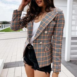 Women's Suits Plaid Printed Women Jacket Double Breasted Small Coat Office Ladies Suit Casual Pockets Slim Fit Jackets