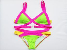 Neon Bandage Bikini Set Colorful Patchwork Sexy Swimsuit Woman Triangle Swimwear Women Push Up Bikinis 2018 Mujer Bathing Suit Y192535011