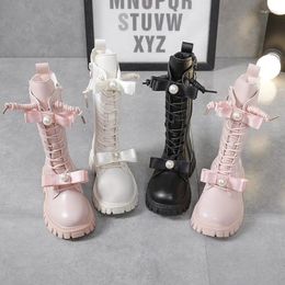 Boots Kids Girls High Winter Fur Shoes Pu Leather Booties Bowtie Fahion Flats Pink Black White