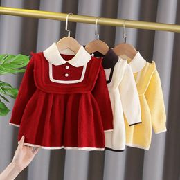 Winter Fashion Children's Knitted Dress Girls Princess Style Doll Collar Long-sleeved Sweater Dress Kids Toddler Party Clothing 231221