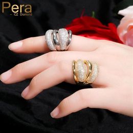 Pera Luxury Sparkling CZ Zircon Silver Color Multilayer Large Open Resizable Wedding Rings for Women Party Jewlery Gift R141300G