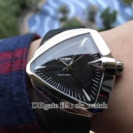 NEW Ventura 2824 Automatic Men's Watch Silver Case Triangular Black Dial H24655331 XXL Rubber Wristwatches Gents Sport Watche286G