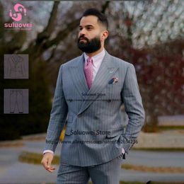 Fashion Double Breasted Striped Tuxedos Suits For Men Slim Fit 2 Piece Pants Set Formal Grooms Wedding ed Lapel Party Blazer 231220
