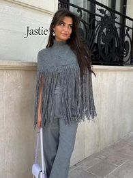 Women's Knits Jastie 2024 Autumn Winter Fashion Sweater Pullover French Stand Collar Tassel Decorated Knitted Cape Top