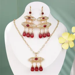 Necklace Earrings Set Vintage Luxury Arabic Style Handmade Alloy Pearl Pendant 2-Piece Women's Wedding Bridal Jewellery