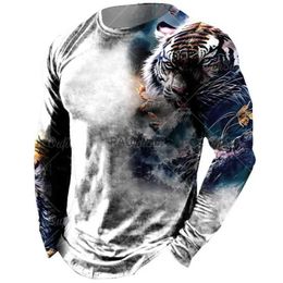 Men's T-Shirts Vintage Men'S Long Sleeve T-Shirt Animal Print Shirts Tiger Graphics Tees Cotton Clothing Sleeve Tops Men Oversized StreetwearL2312.21