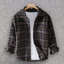 Retro Thick Plaid Long Sleeve Woollen Shirt For Men Spring Loose Weave Casual Jacket 231221
