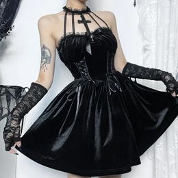 Casual Dresses Vintage Lace Up Mall Gothic A-line Grunge E-girl Halter Backless Mini Dress Velvet Skinny Female Alt Clothes