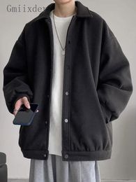Gmiixder Winter Korean Tweed Jacket Men Oversize Thickening Lapel Woollen Coat Unisex Hong Kong Style Youth Button Up Simple Top 231221