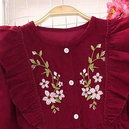 Girl's Dresses Casual Kids Dress for Girls Autumn Spring New Child Front Button Long Sleeve Ruffle Floral Embroidery Red Dress Clothing