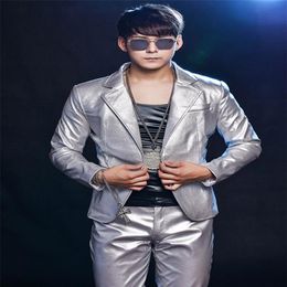 R63 Silver PU men suit singer stage QERFORMANCE wears dress dj host ballroom dance costumes party show model clothing outfits ds j2758