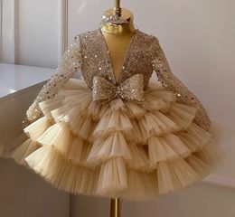 Child Girl Wedding Dress With Bow Champagne Party Dresses Sequined Tiered Tulle Sleeves Puffy Flower For Weddings 231221