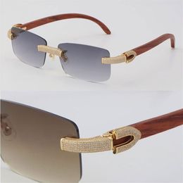 New Micro-paved Diamond Rimless Wooden Womans Sunglasses Original Wood mens Rocks Frame Male and Female Eyewear 18K Gold C Decorat224Q