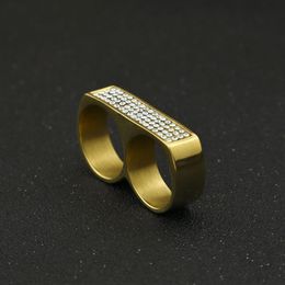 Mens Double Finger Ring Fashion Hip Hop Jewellery High Quality Iced Out Stainless Steel Gold Rings205Q