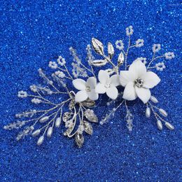 Hair Clips Porcelain Flower Clip Pin Silver Color Head Piece For Brides Bridesmaids Crystal Hairpin Wedding Accessories Bridal Jewelry