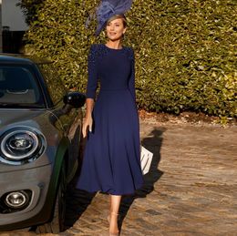 Elegant Navy Blue Mother of the Bride Dress 2024 Jewel Neck 3/4 Sleeves Wedding Guest Party Gowns Beads Tea-Length A-Line Robe De Fete De Mariage